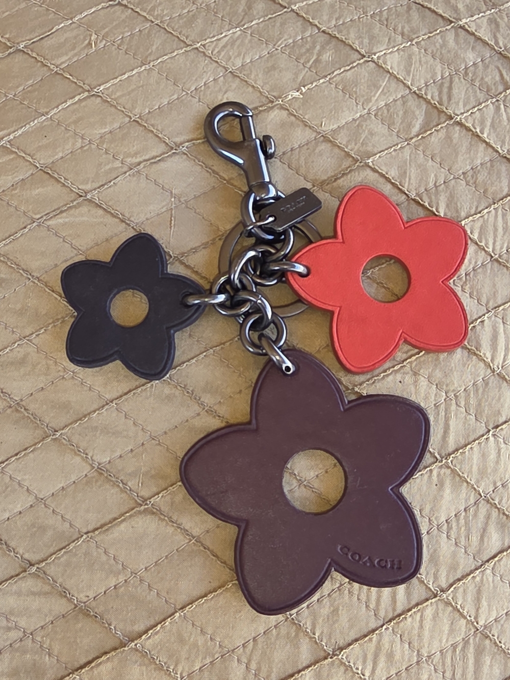 Coach Leather Wild Flower Trio Bag Charm Red Black Brown Keychain